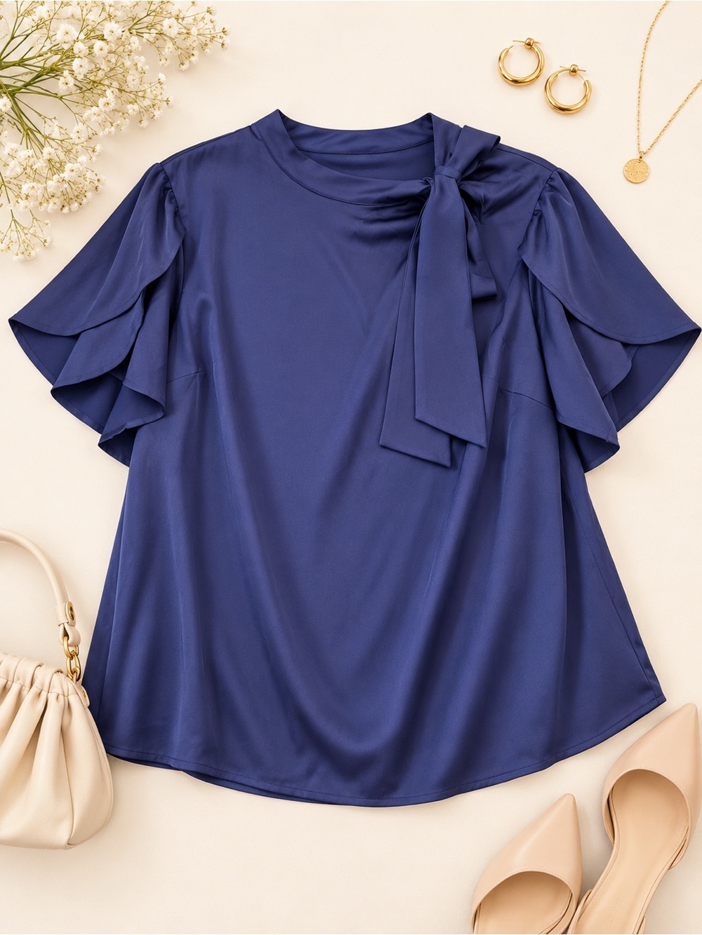 BloomChic Navy Blue Bow Tie Flutter Sleeve Blouse Size 14-16 NWT